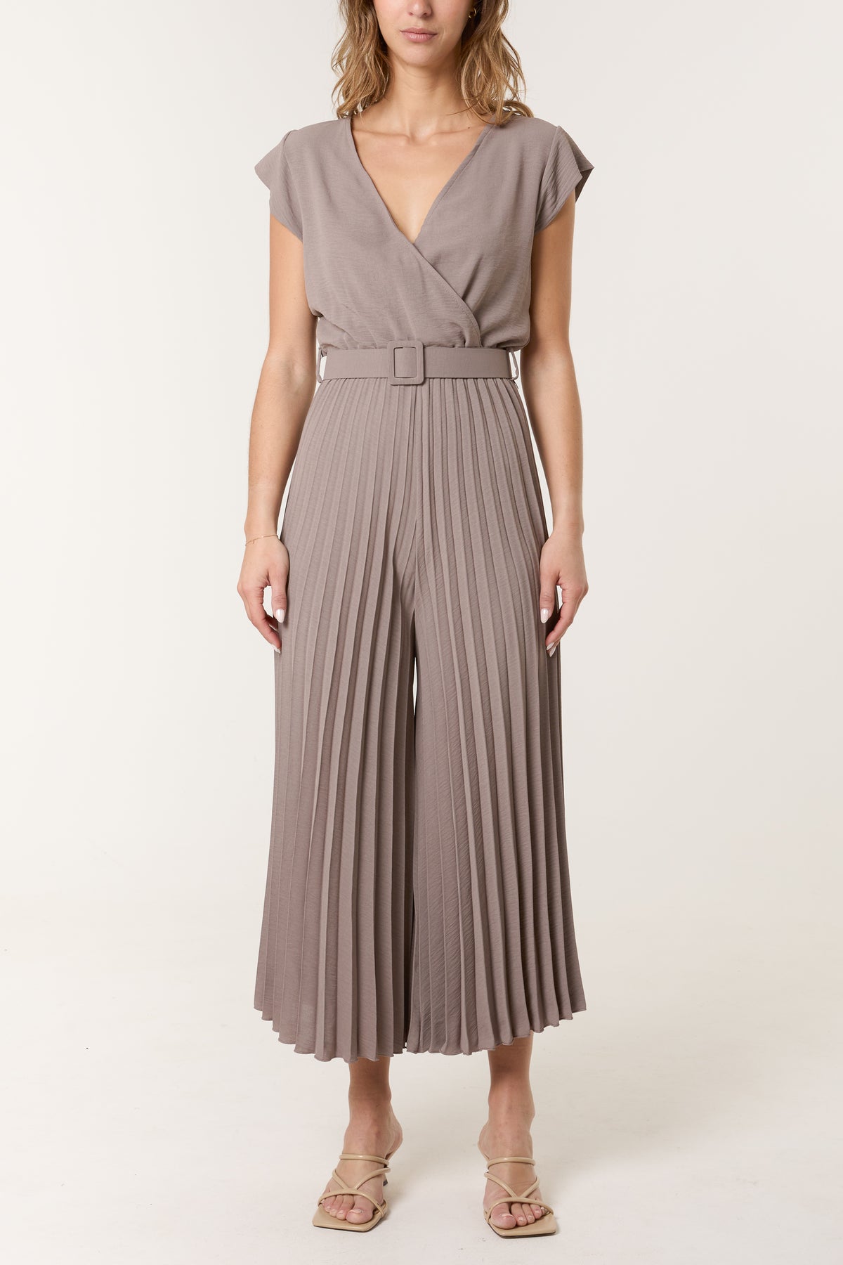 V-Neck Belt Pleated Wide Leg Jumpsuit