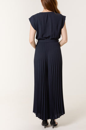 V-Neck Belt Pleated Wide Leg Jumpsuit