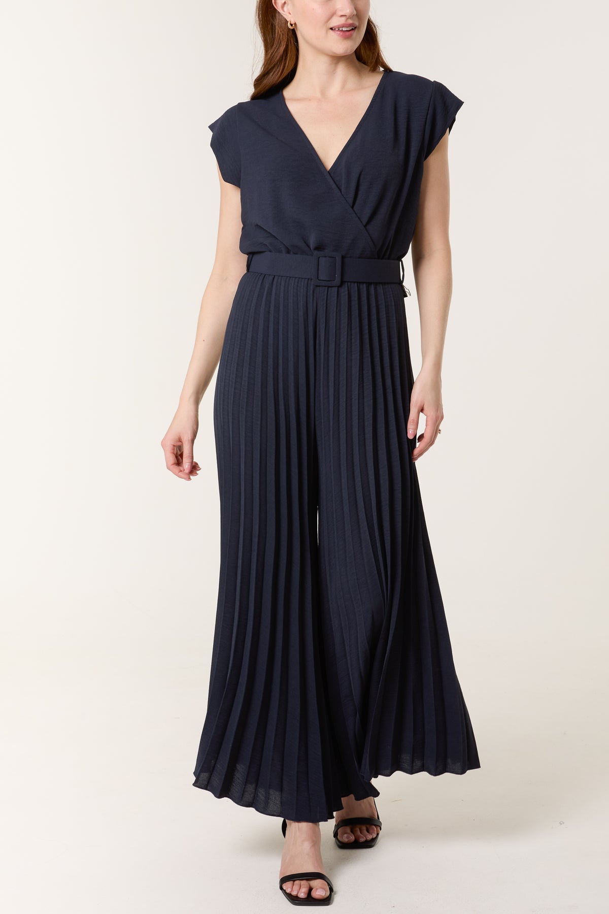 V-Neck Belt Pleated Wide Leg Jumpsuit