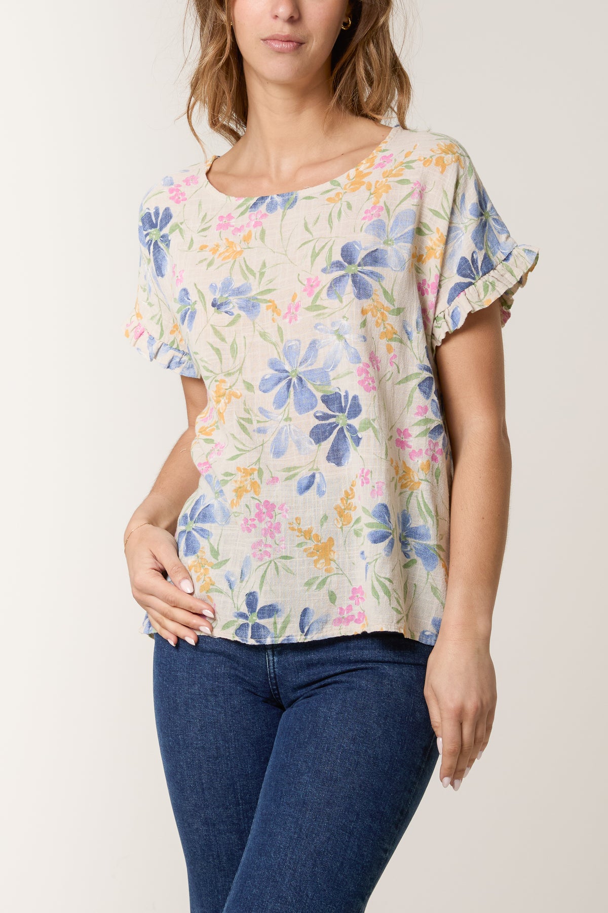 Multi-Flowered Frill Sleeve Cotton Top