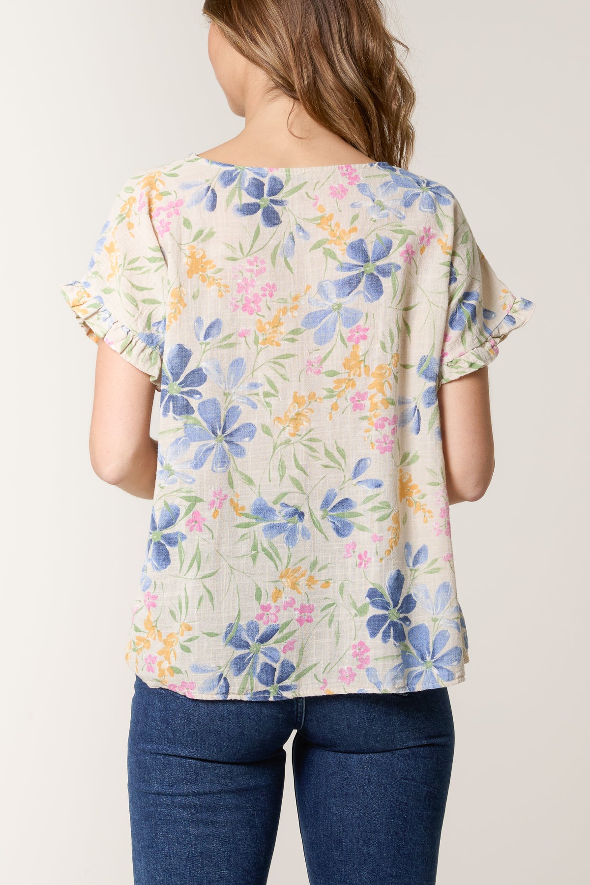 Multi-Flowered Frill Sleeve Cotton Top