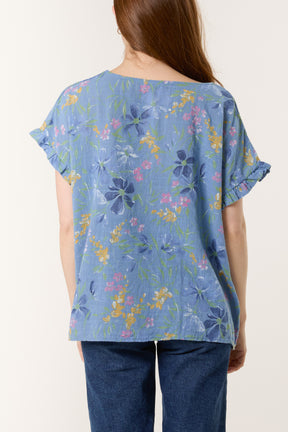 Multi-Flowered Frill Sleeve Cotton Top