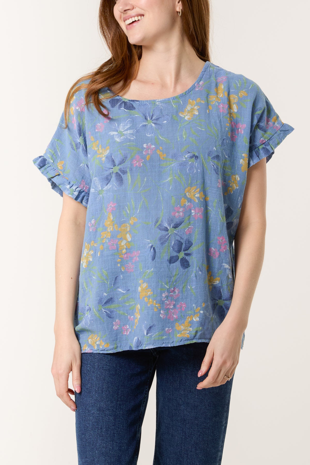 Multi-Flowered Frill Sleeve Cotton Top