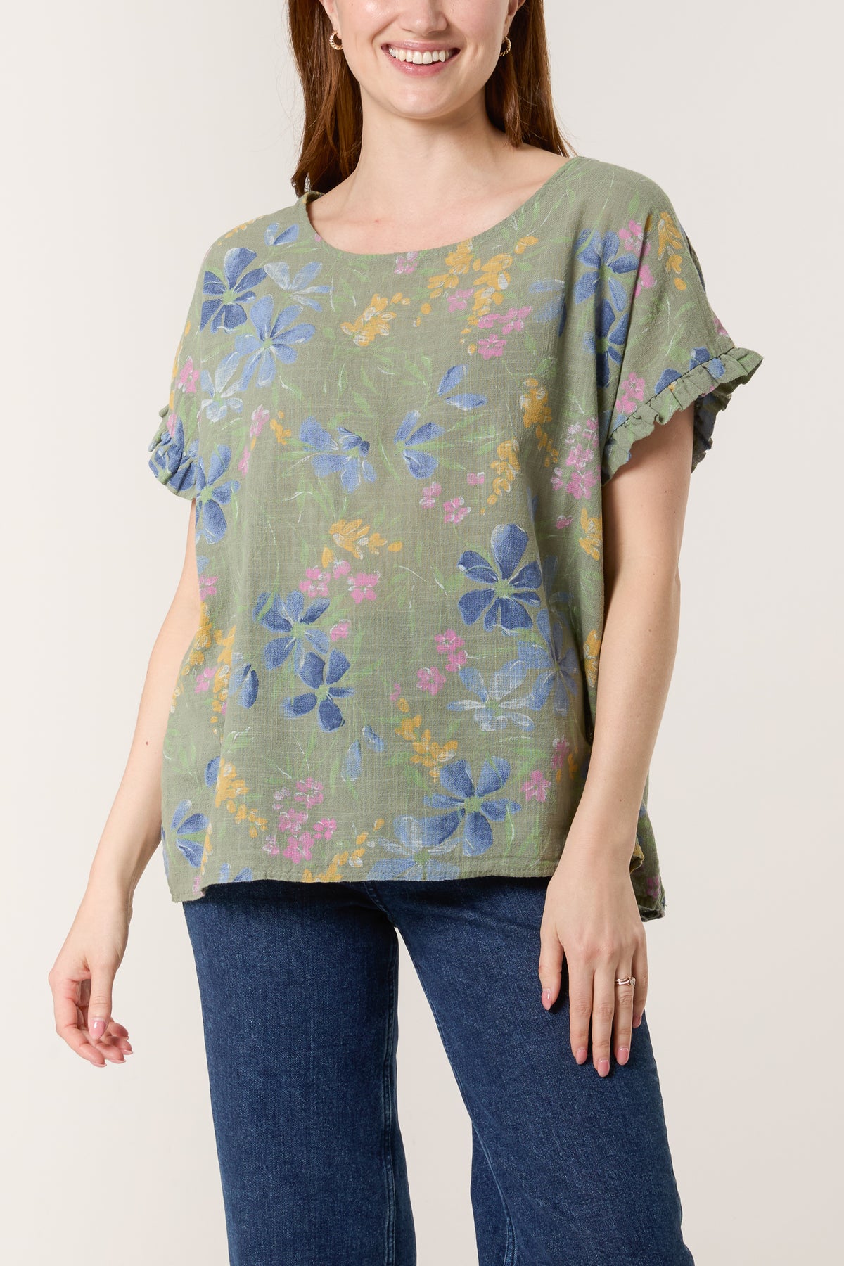 Multi-Flowered Frill Sleeve Cotton Top