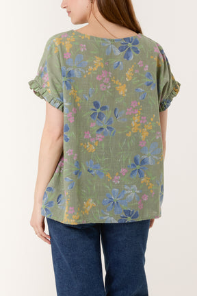 Multi-Flowered Frill Sleeve Cotton Top