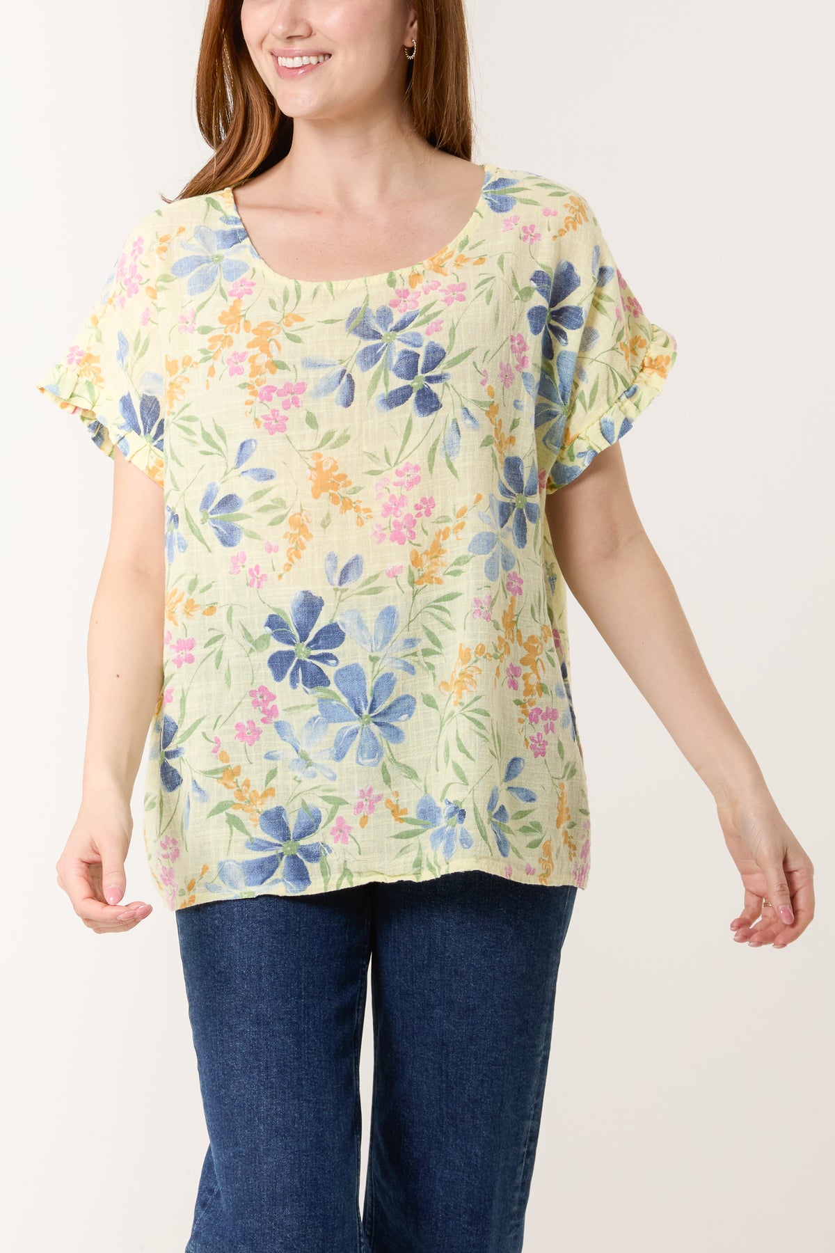 Multi-Flowered Frill Sleeve Cotton Top