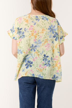 Multi-Flowered Frill Sleeve Cotton Top