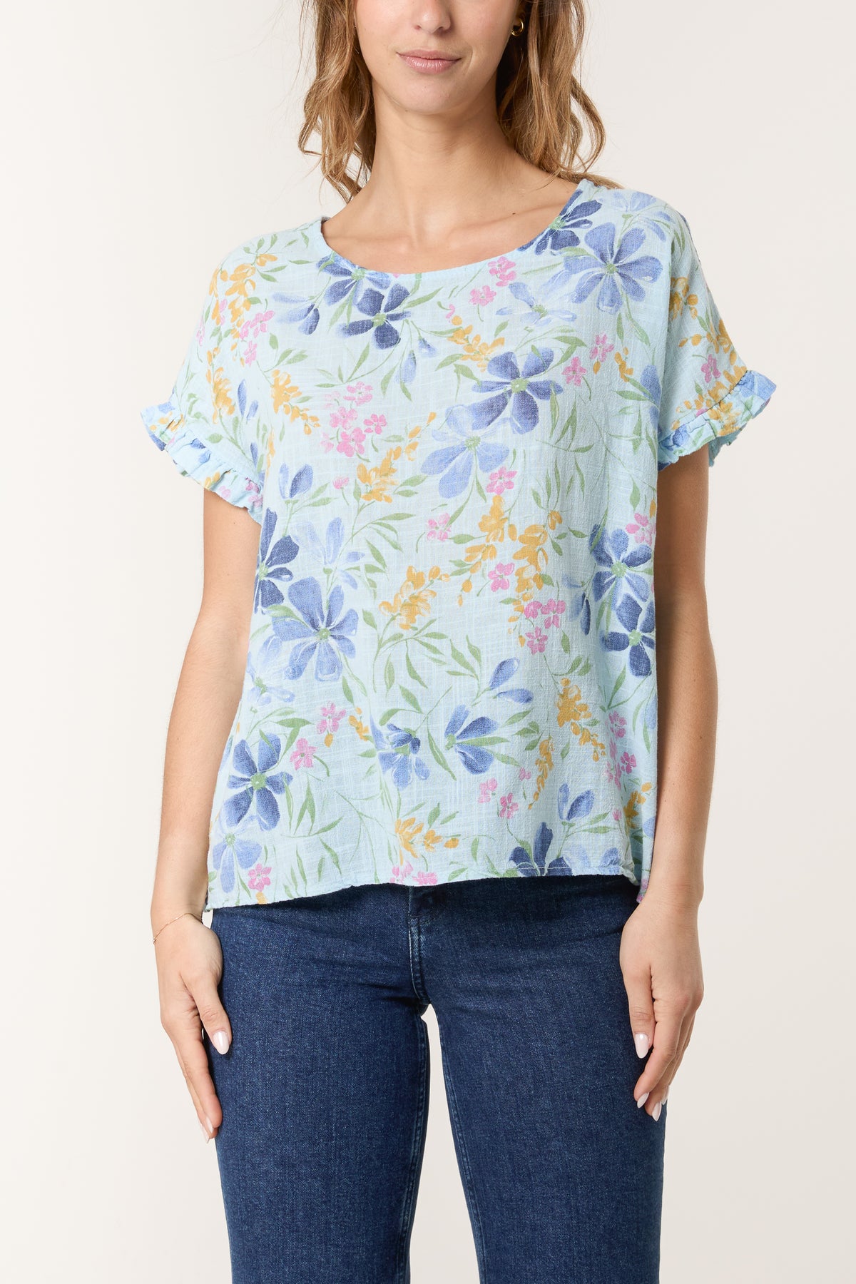 Multi-Flowered Frill Sleeve Cotton Top