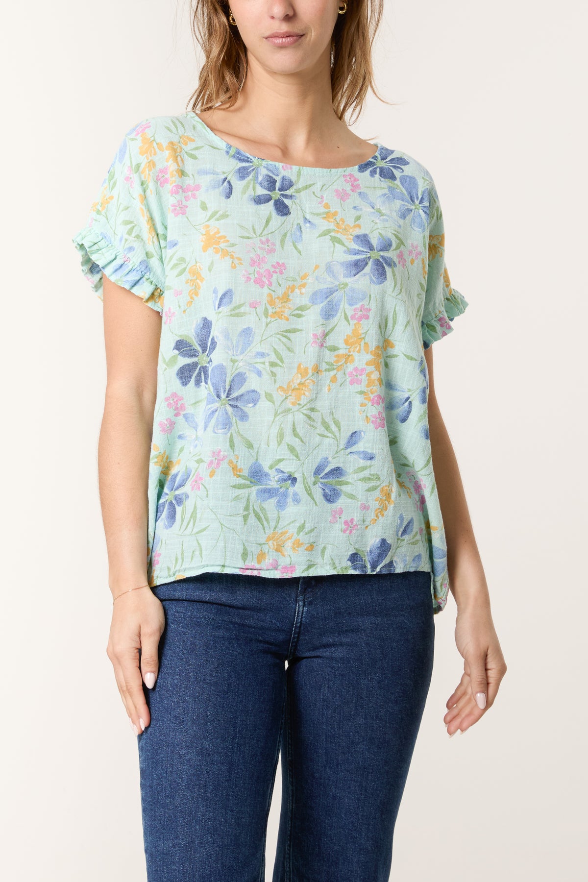 Multi-Flowered Frill Sleeve Cotton Top