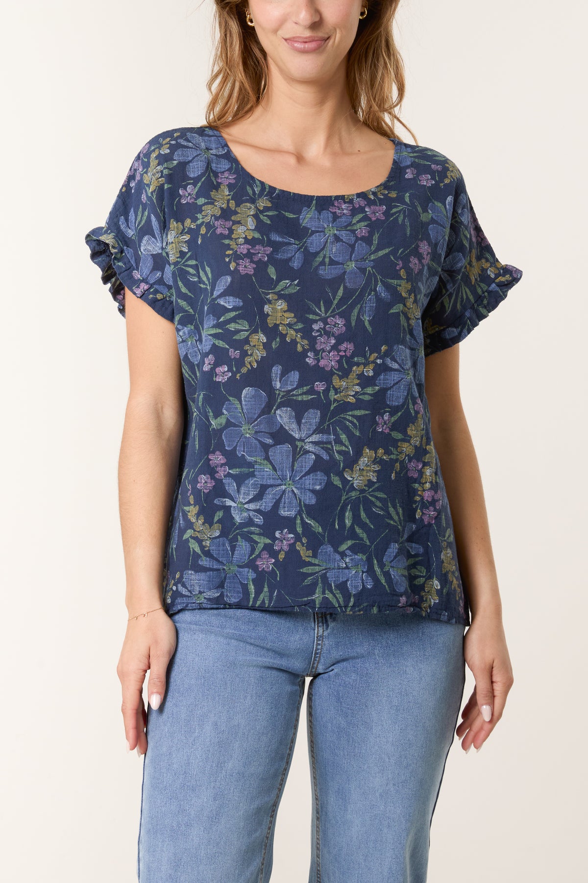 Multi-Flowered Frill Sleeve Cotton Top