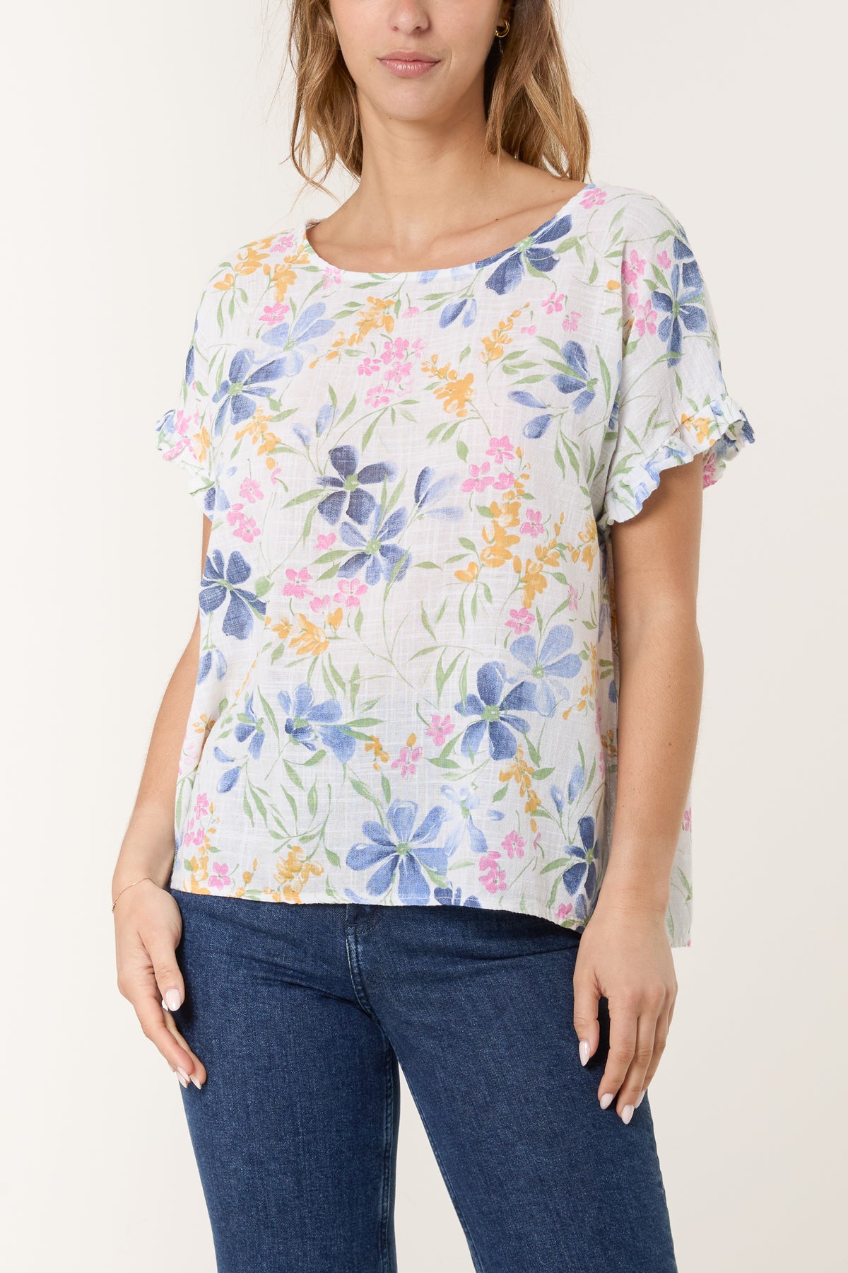 Multi-Flowered Frill Sleeve Cotton Top