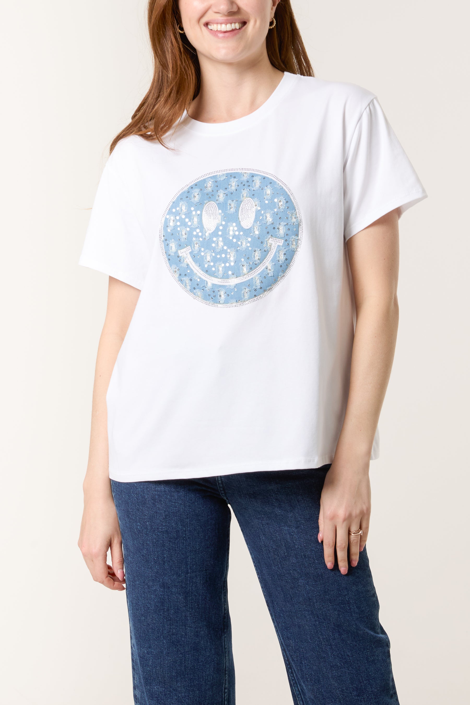 Denim Smiley Face Short Sleeve T-Shirt