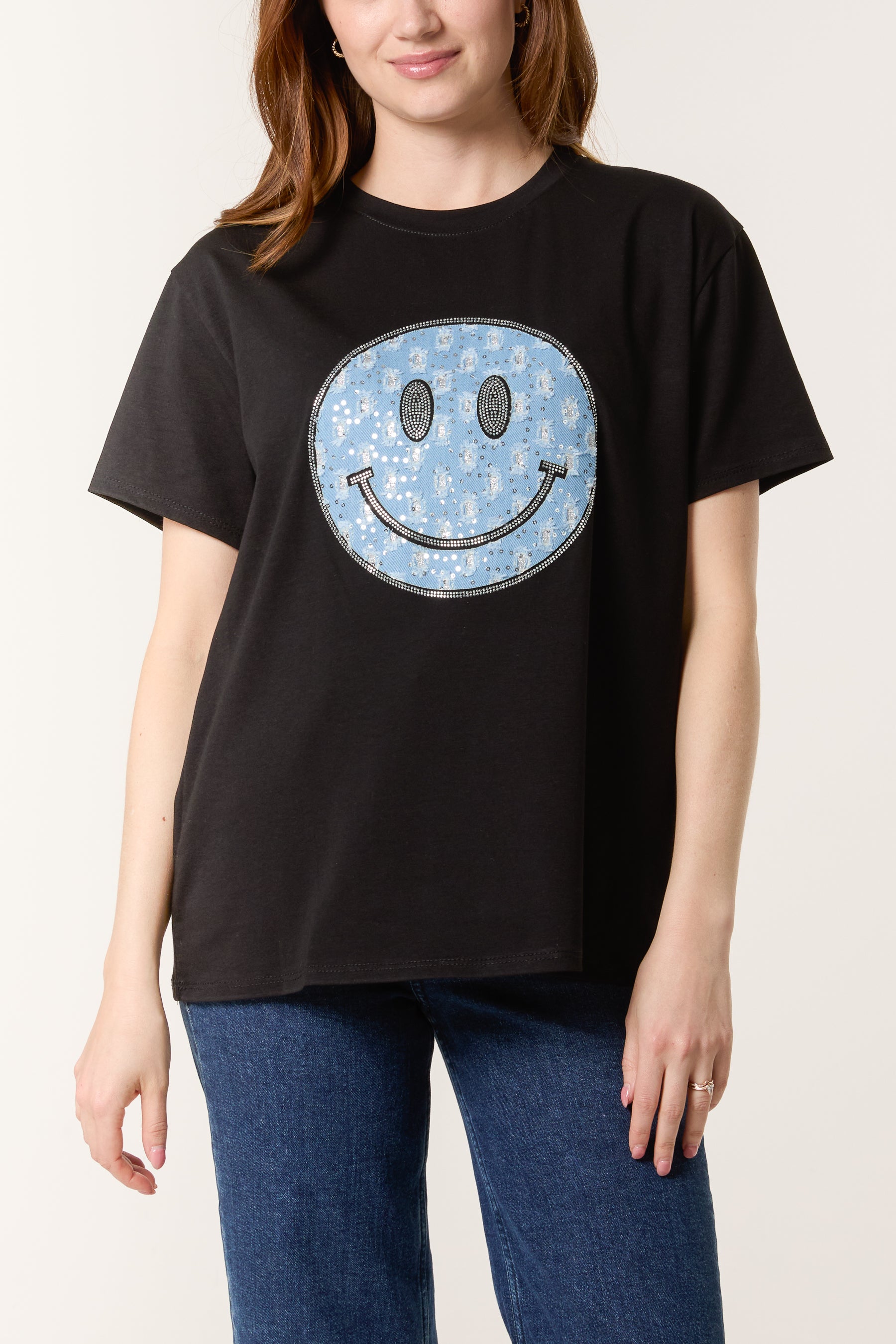 Denim Smiley Face Short Sleeve T-Shirt