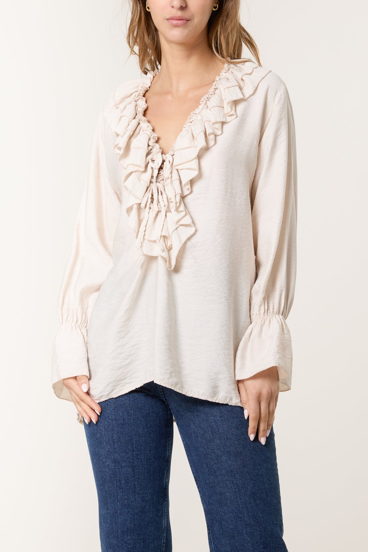 V-Neck Ruffle Tied Front Blouse