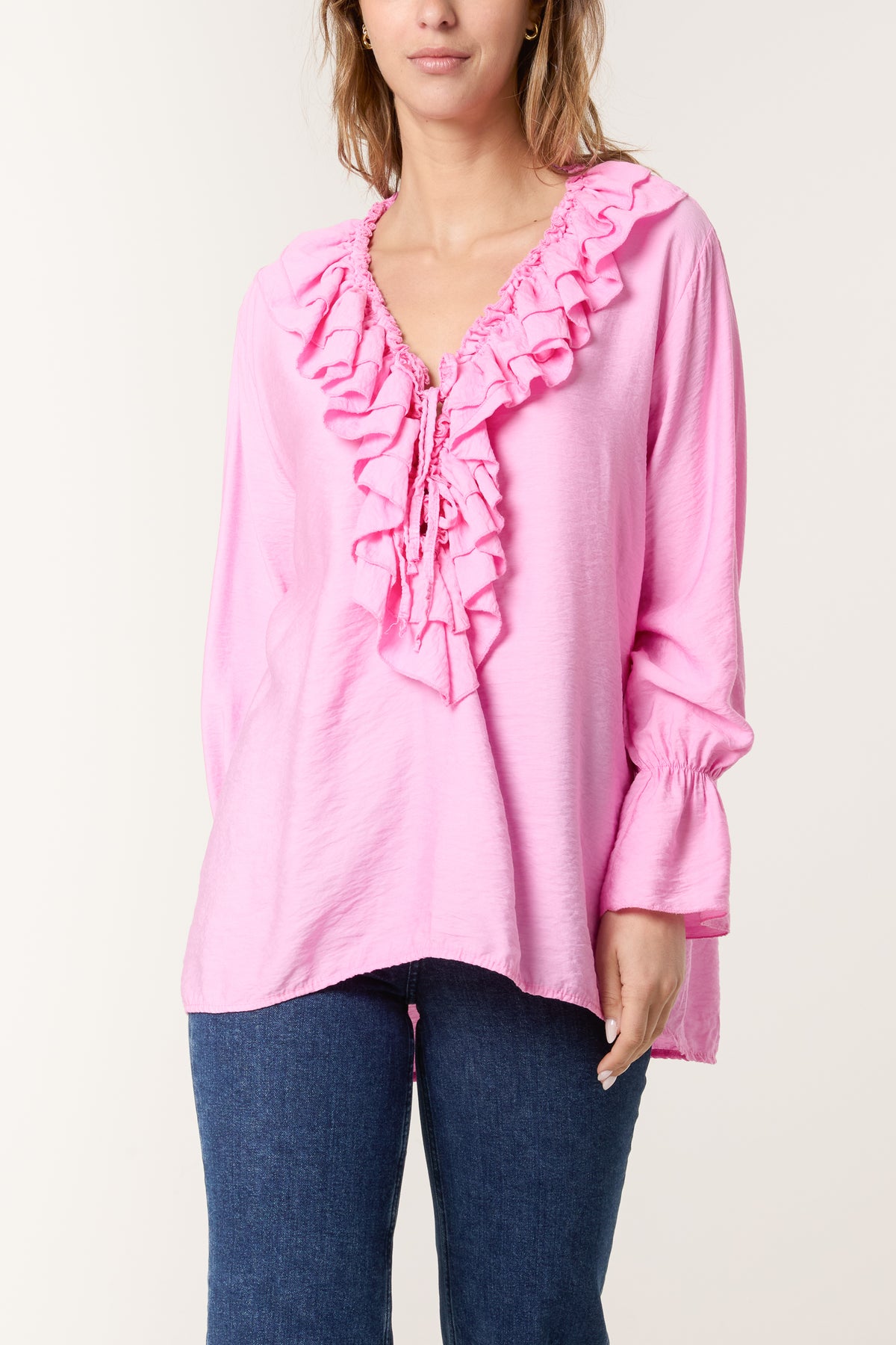 V-Neck Ruffle Tied Front Blouse