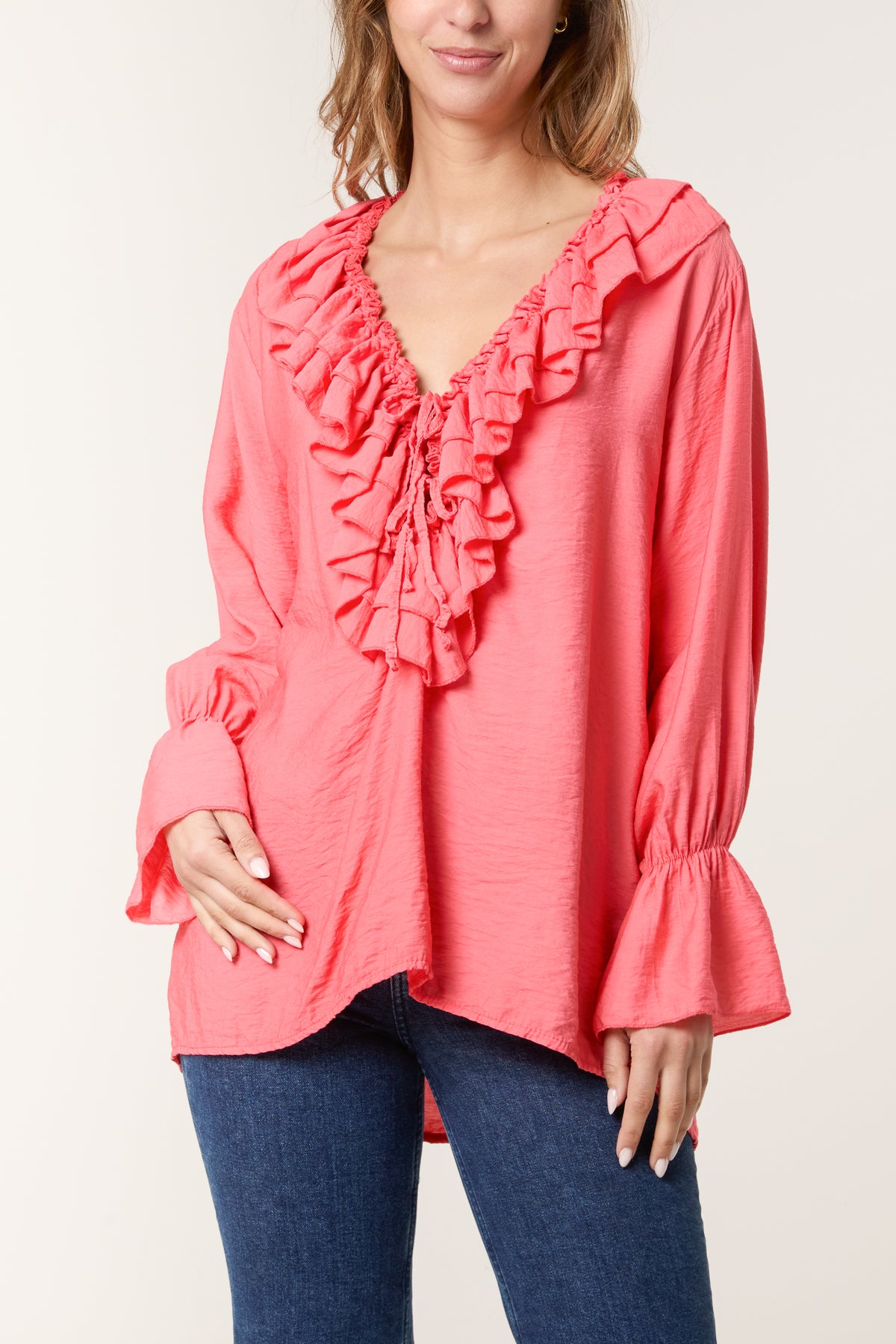 V-Neck Ruffle Tied Front Blouse