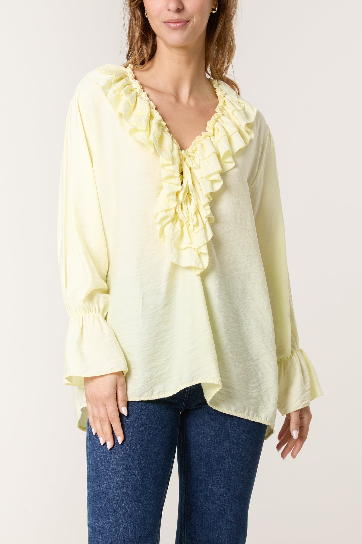 V-Neck Ruffle Tied Front Blouse