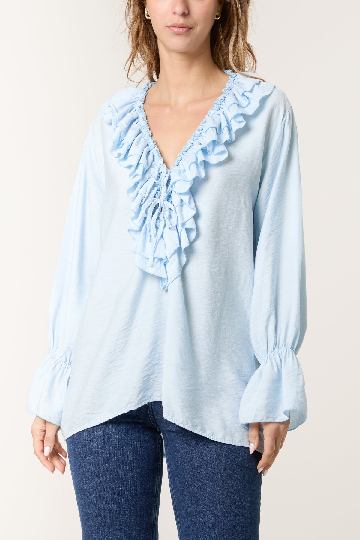 V-Neck Ruffle Tied Front Blouse