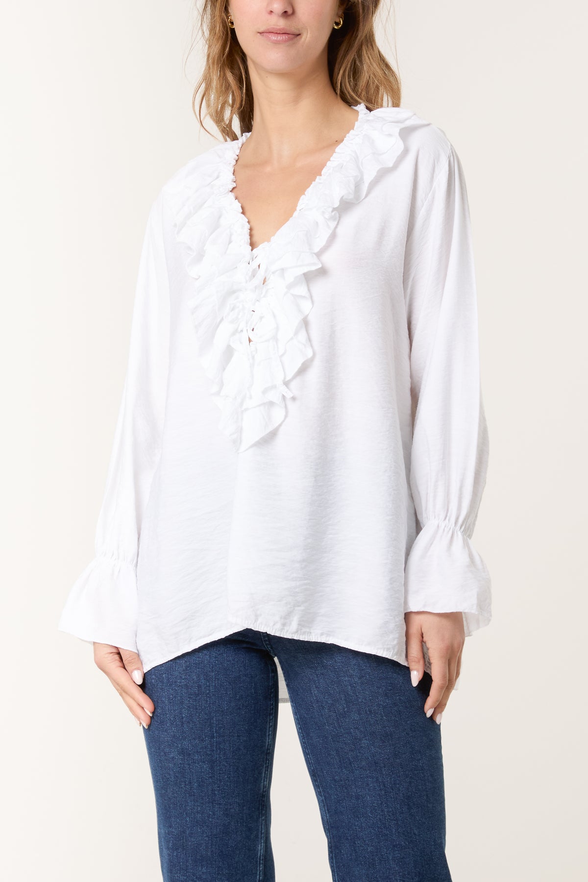 V-Neck Ruffle Tied Front Blouse