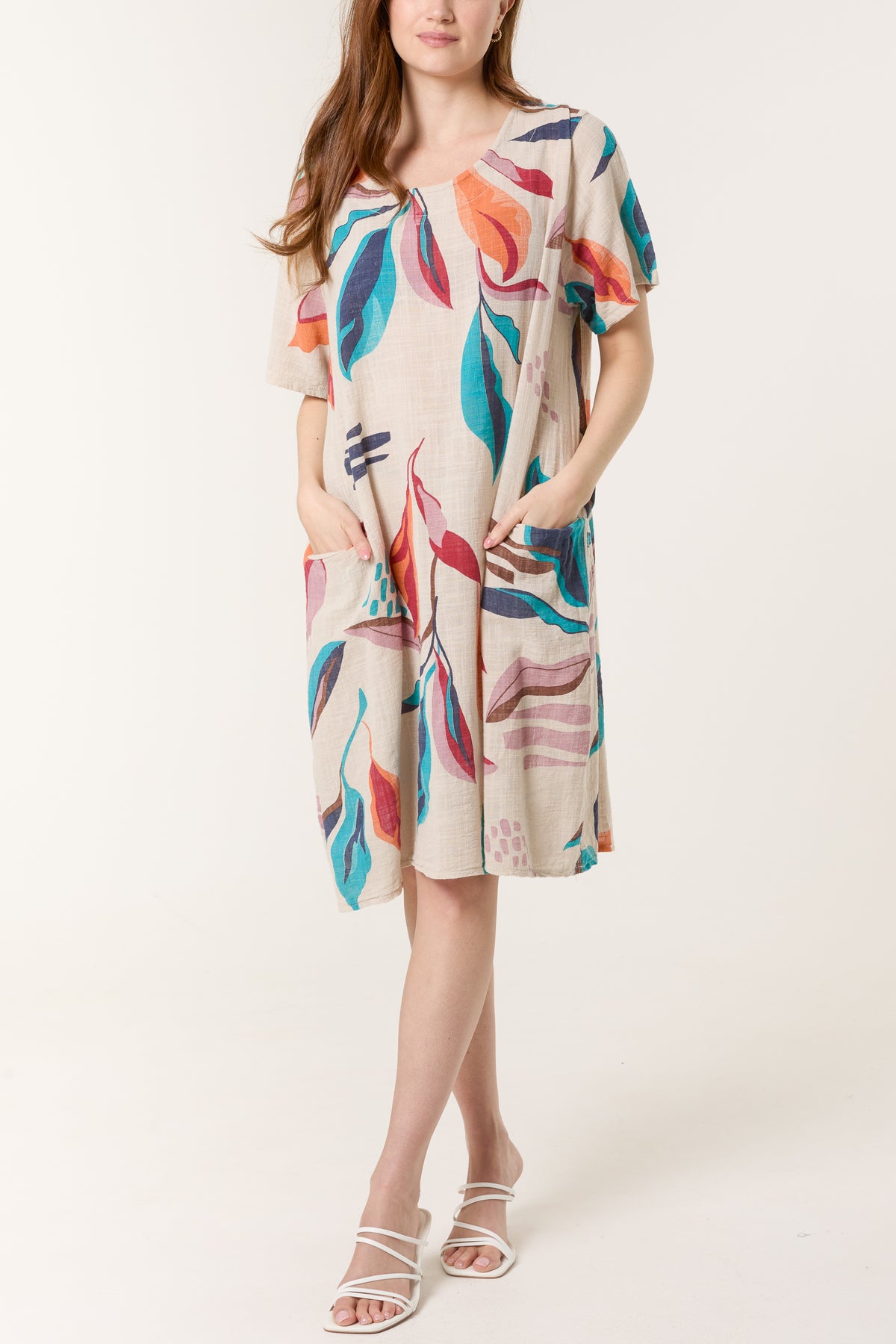 Leaf Print Pockets Cotton Dress