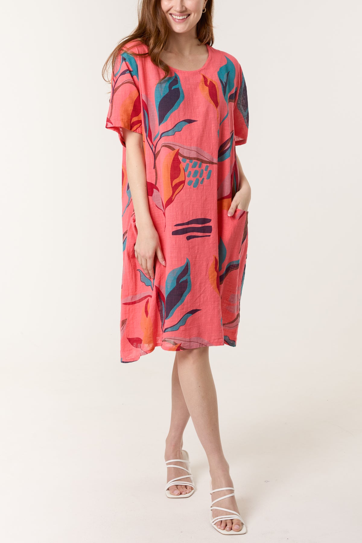 Leaf Print Pockets Cotton Dress