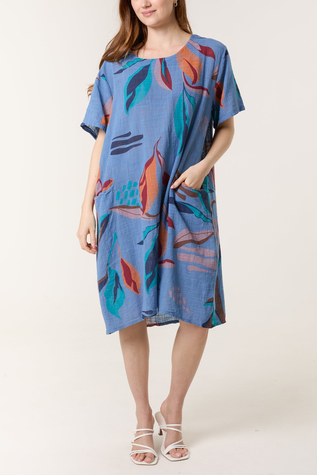 Leaf Print Pockets Cotton Dress