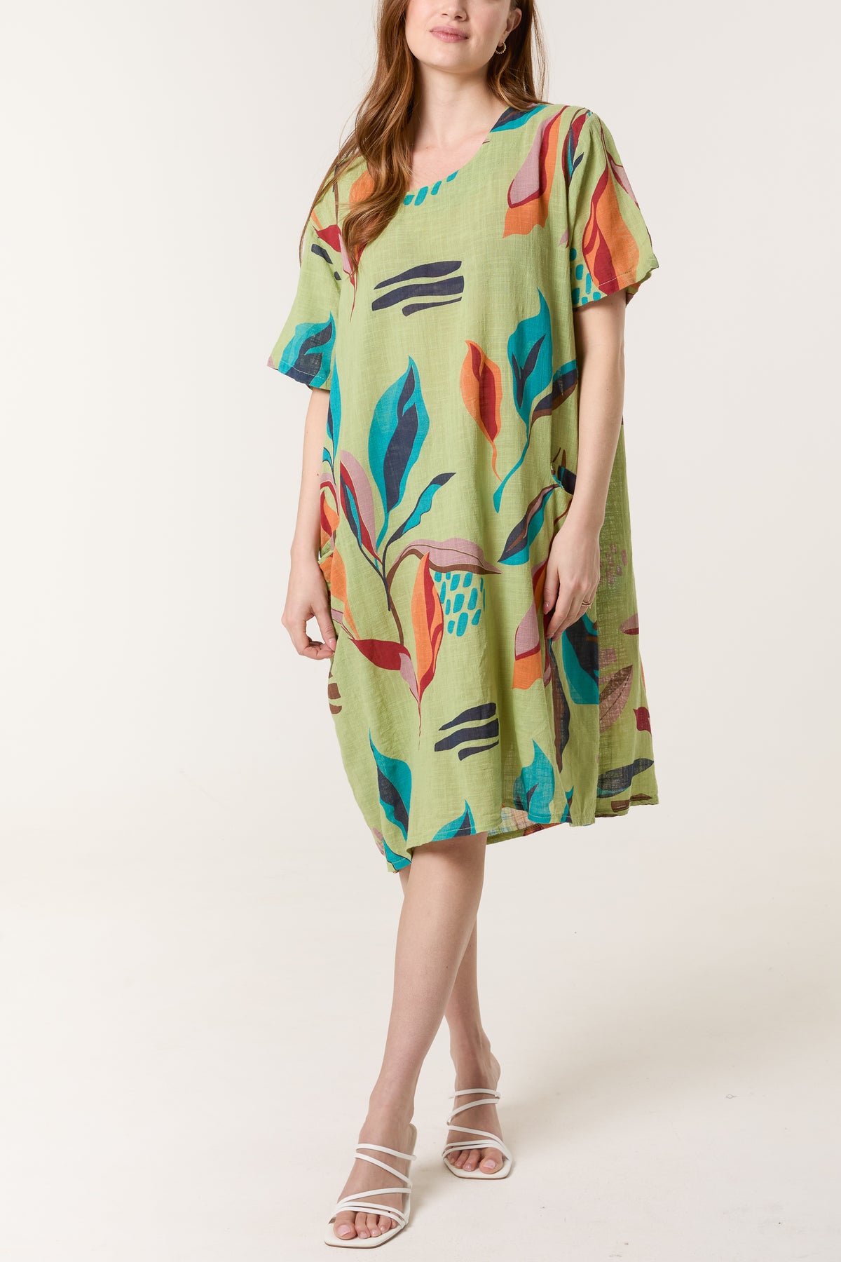 Leaf Print Pockets Cotton Dress