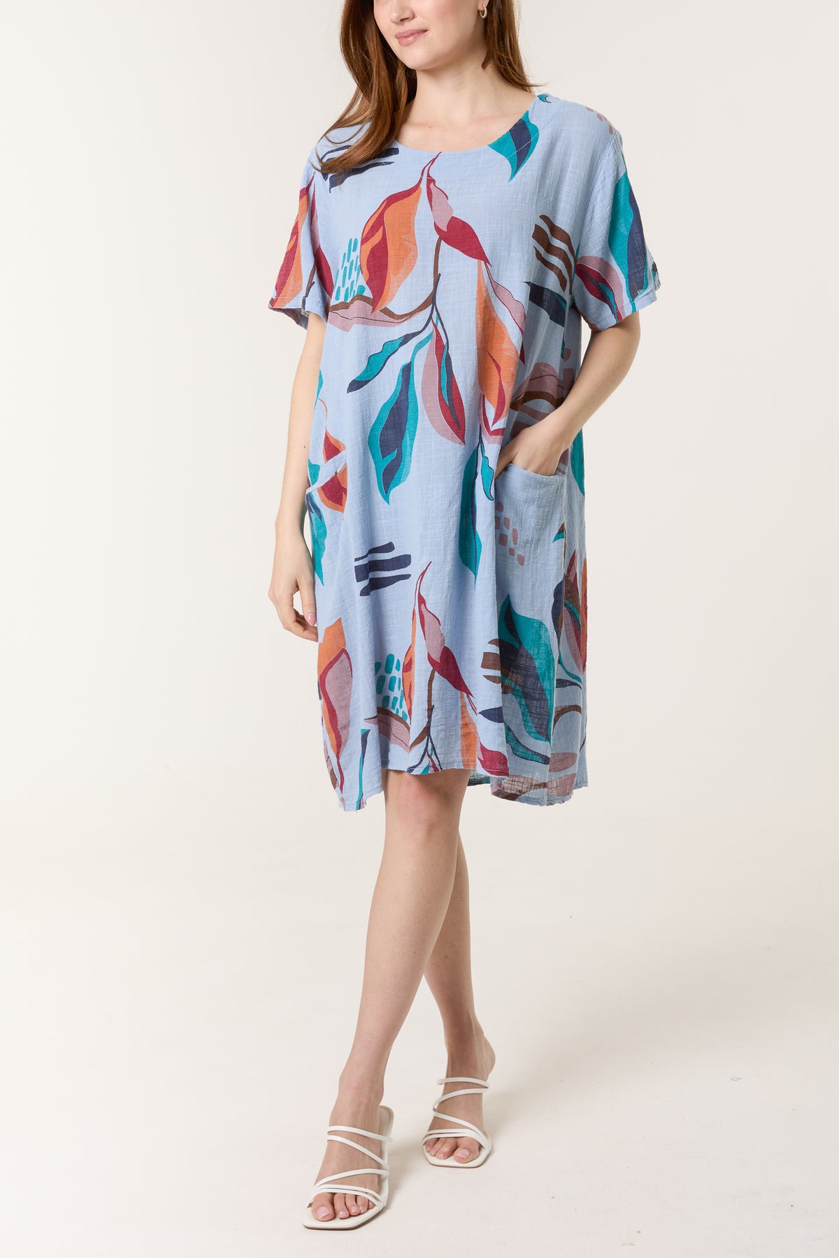 Leaf Print Pockets Cotton Dress