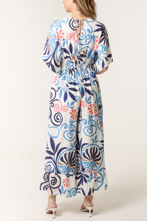 Double V-Neck Swirl Print Jumpsuit