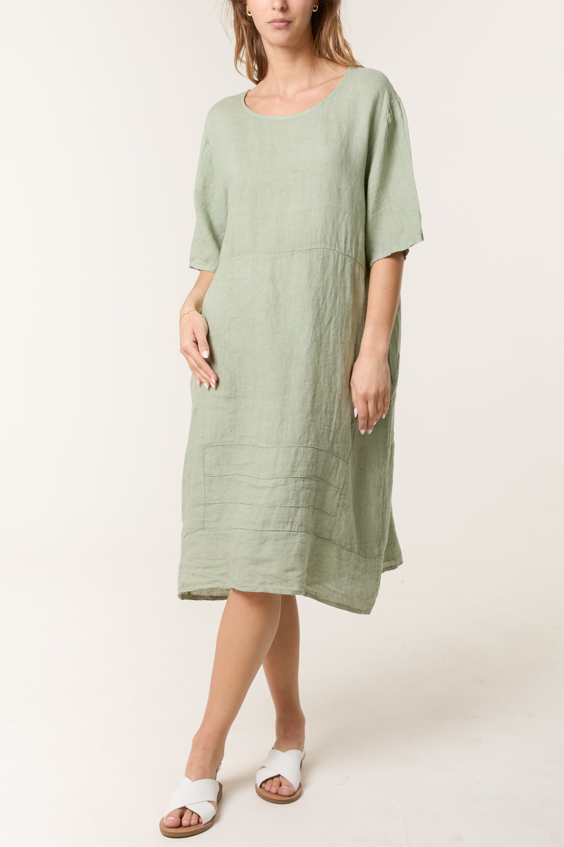 Pure Linen Boat Neck Midi Dress