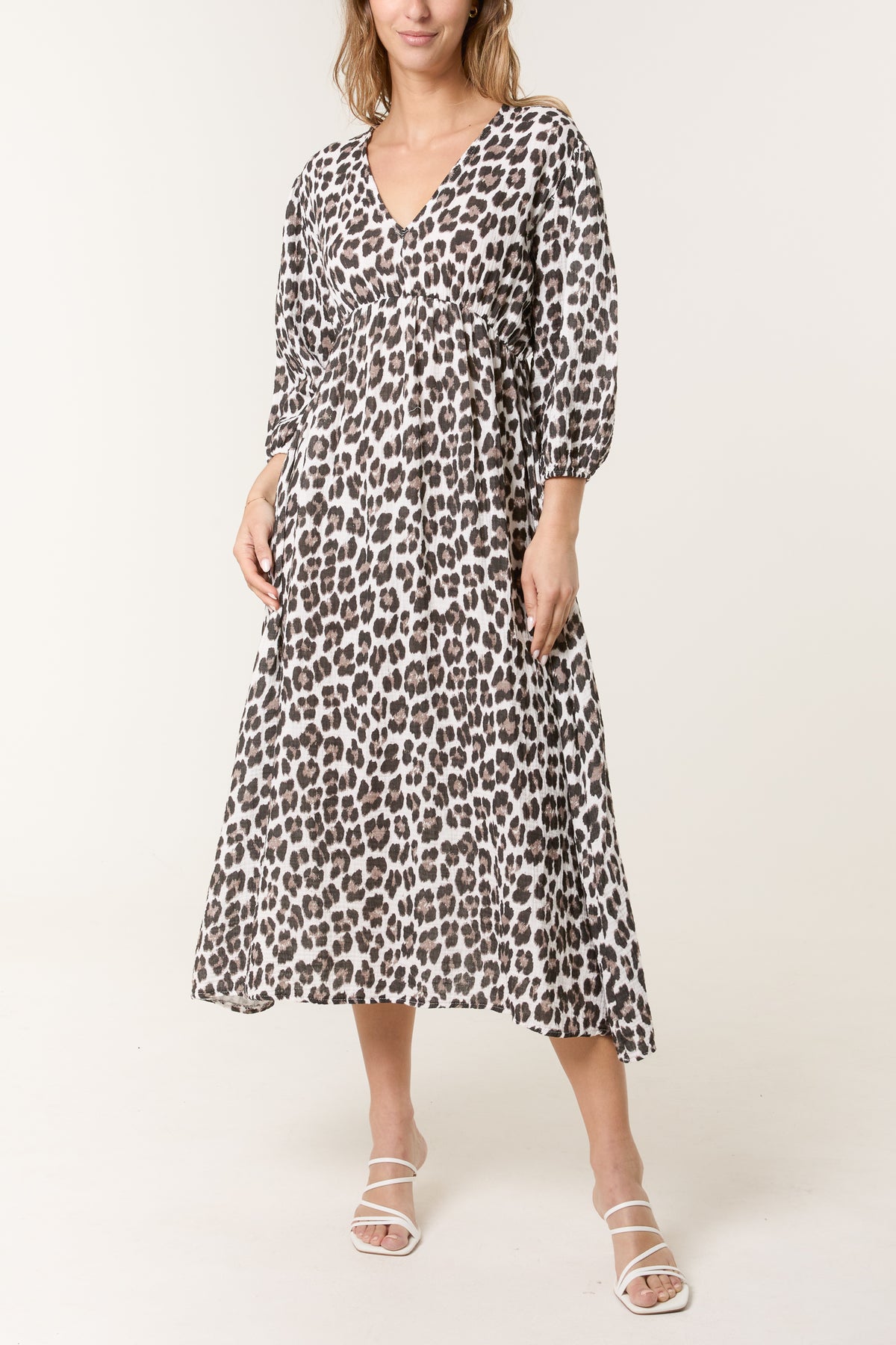 Leopard 3/4 Sleeve Cheesecloth Midi Dress