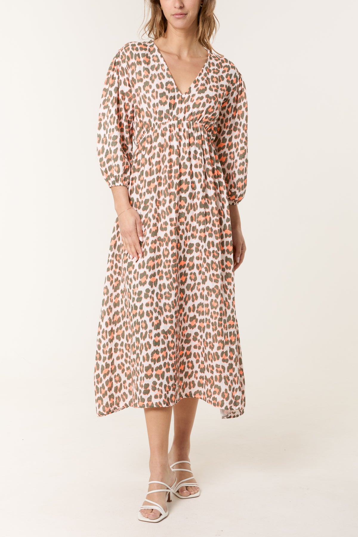 Leopard 3/4 Sleeve Cheesecloth Midi Dress