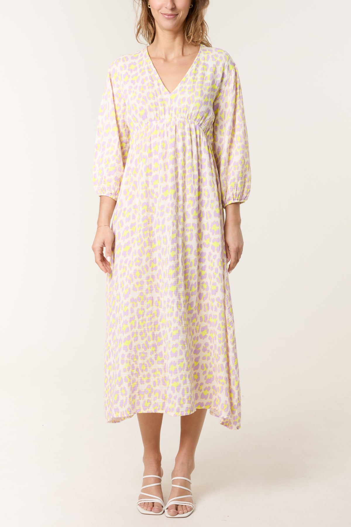 Leopard 3/4 Sleeve Cheesecloth Midi Dress