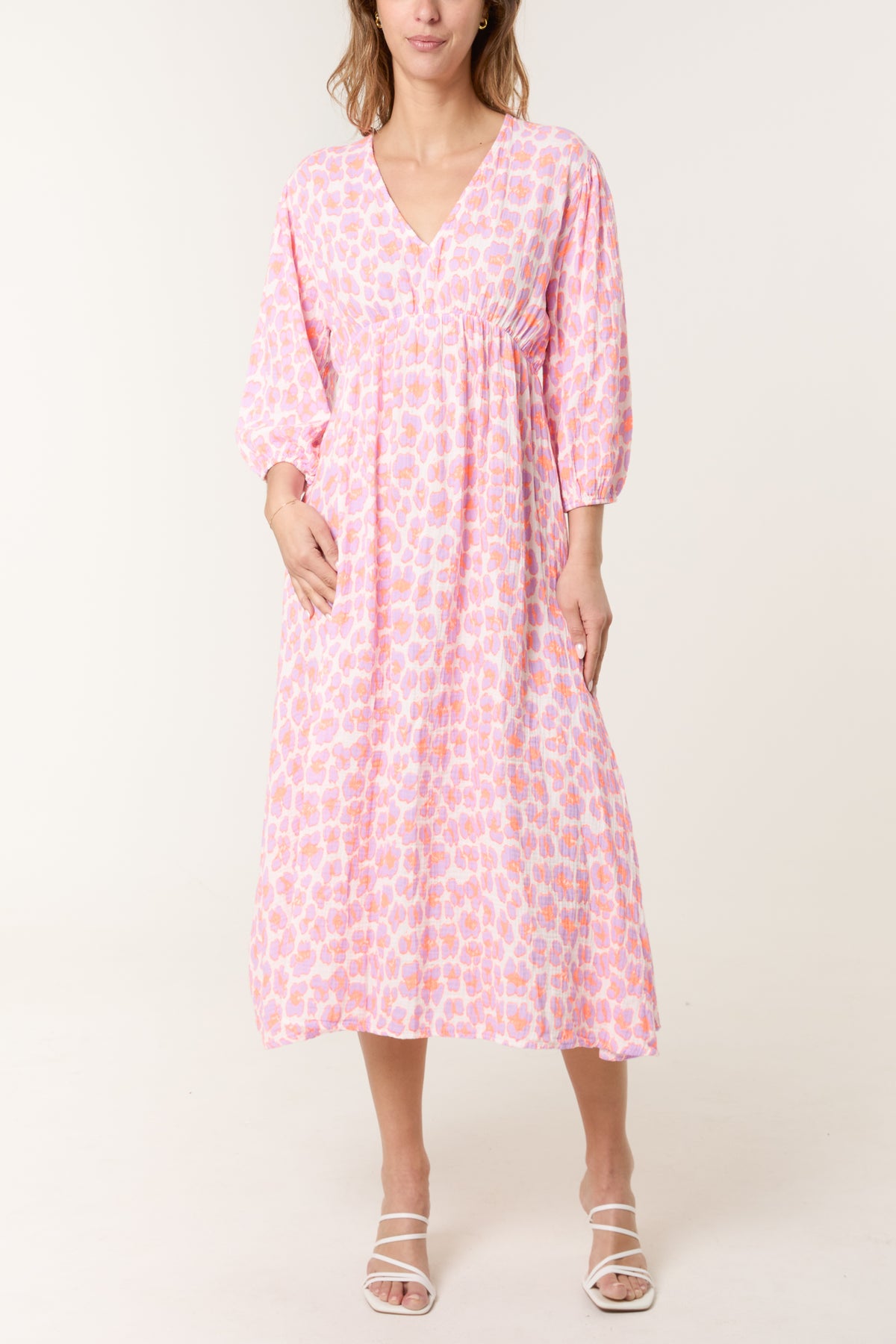 Leopard 3/4 Sleeve Cheesecloth Midi Dress