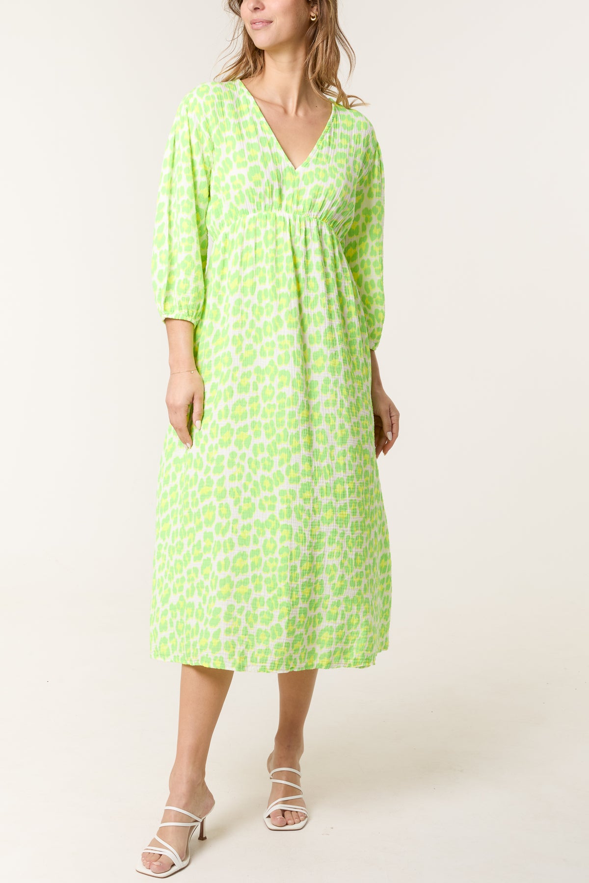 Leopard 3/4 Sleeve Cheesecloth Midi Dress