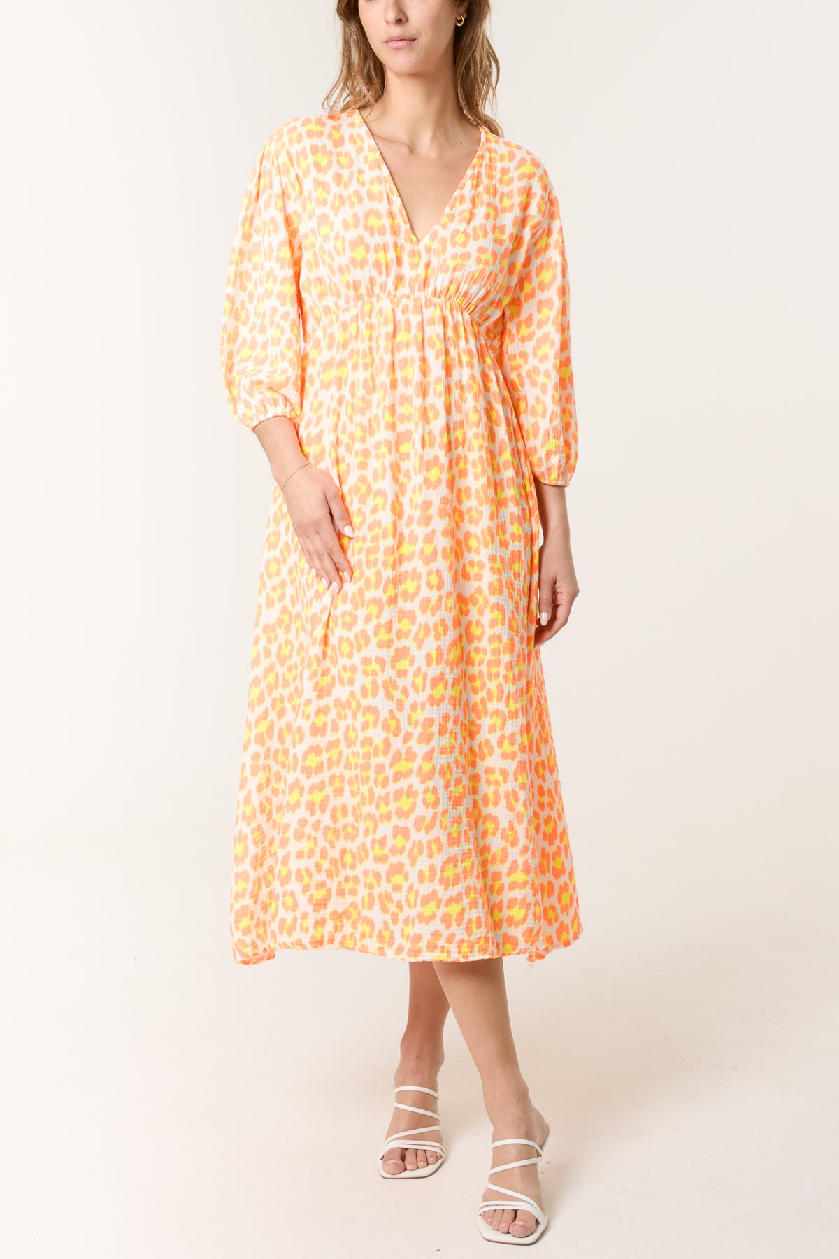 Leopard 3/4 Sleeve Cheesecloth Midi Dress