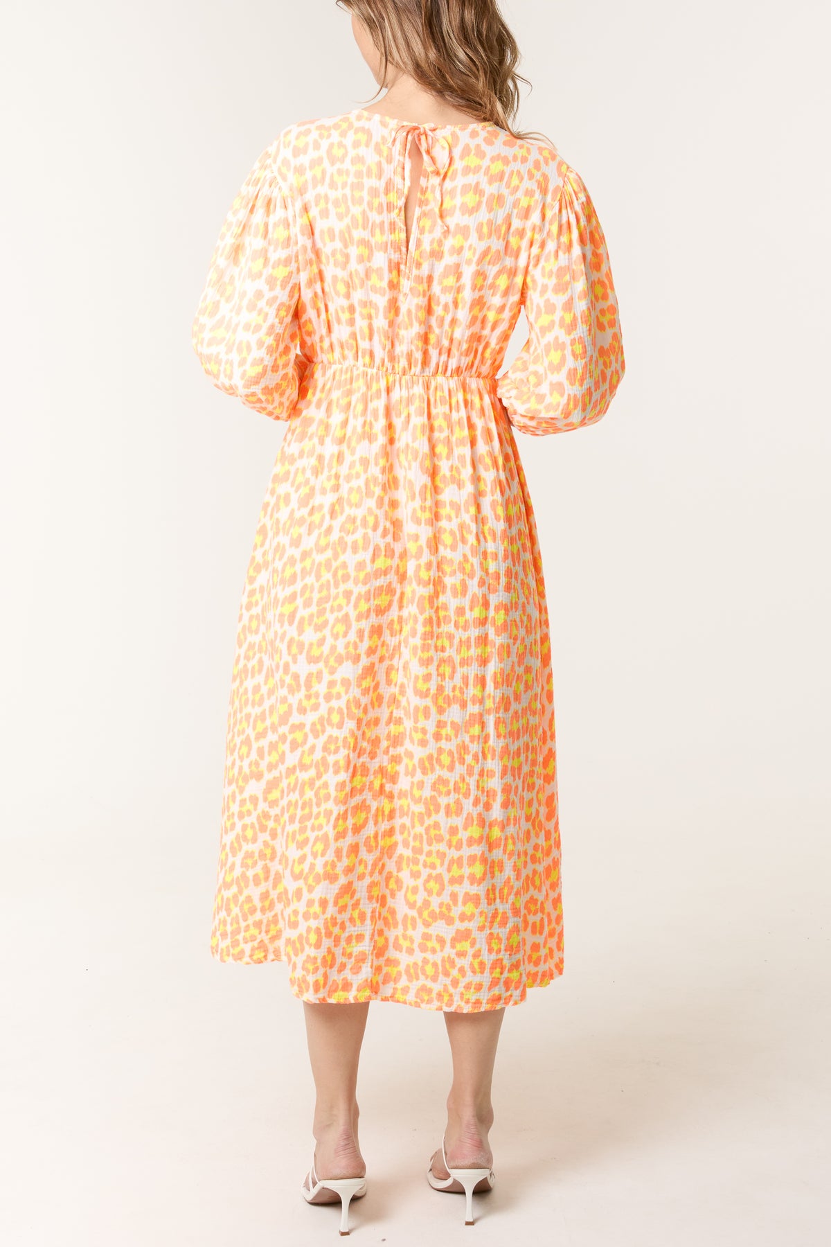 Leopard 3/4 Sleeve Cheesecloth Midi Dress