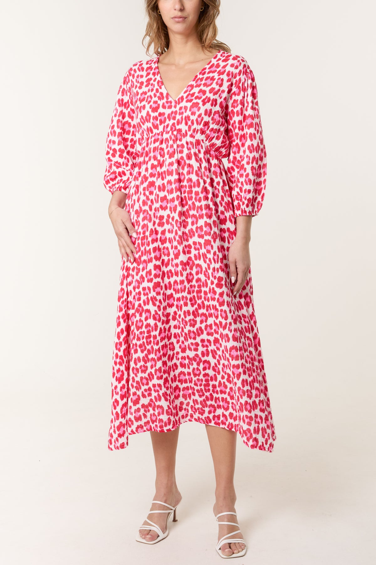 Leopard 3/4 Sleeve Cheesecloth Midi Dress