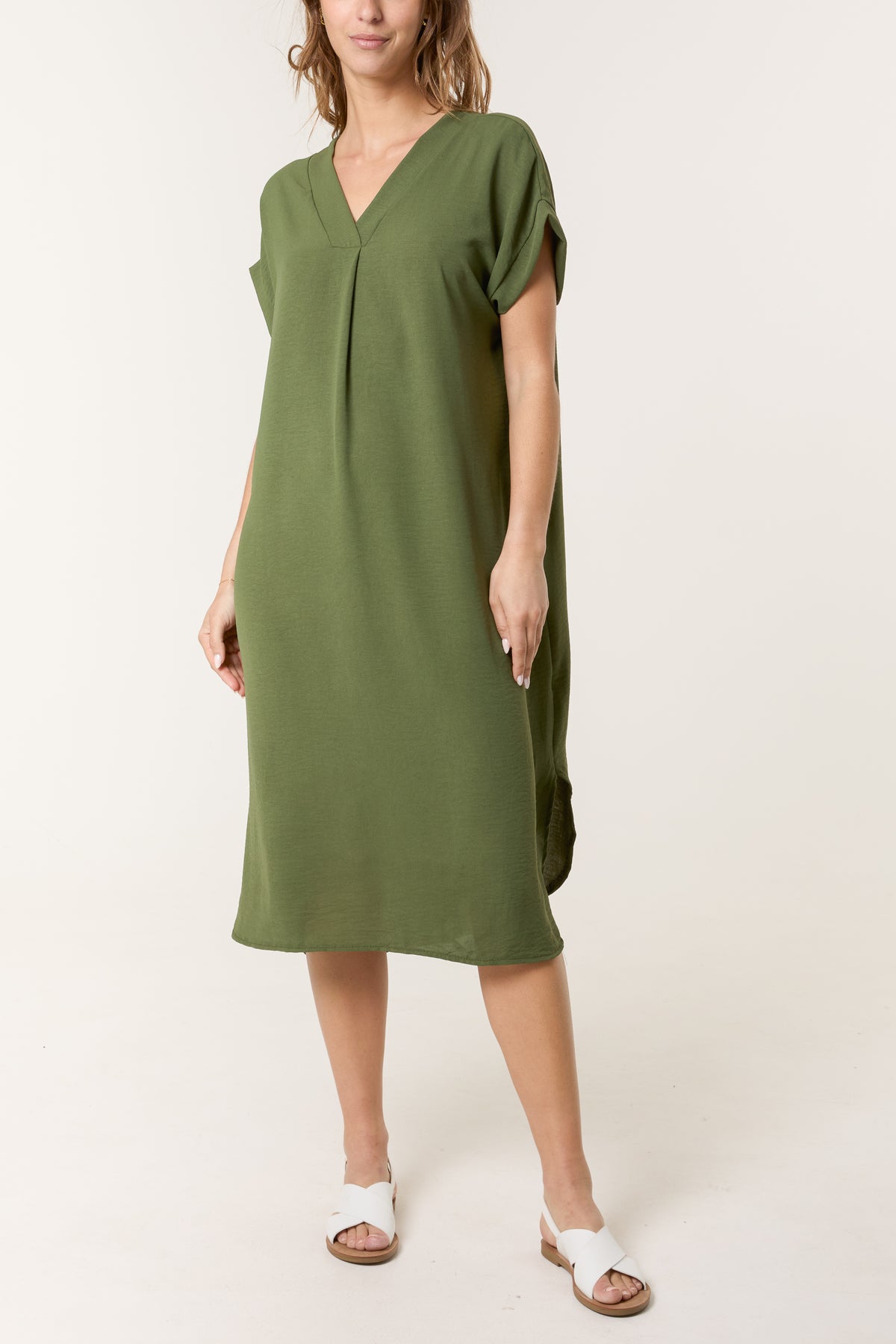 V-Neck Short Sleeve Midi Dress