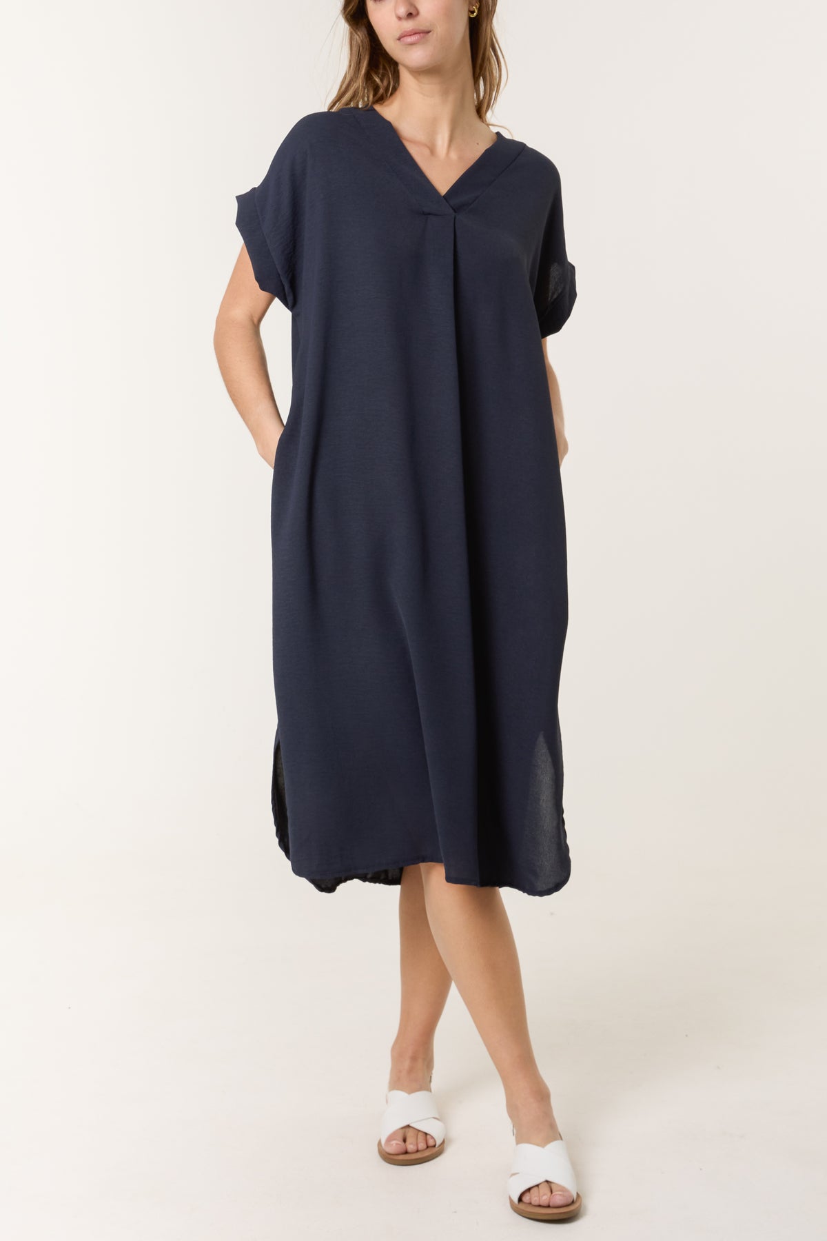 V-Neck Short Sleeve Midi Dress