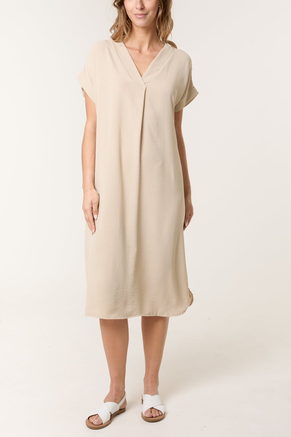 V-Neck Short Sleeve Midi Dress