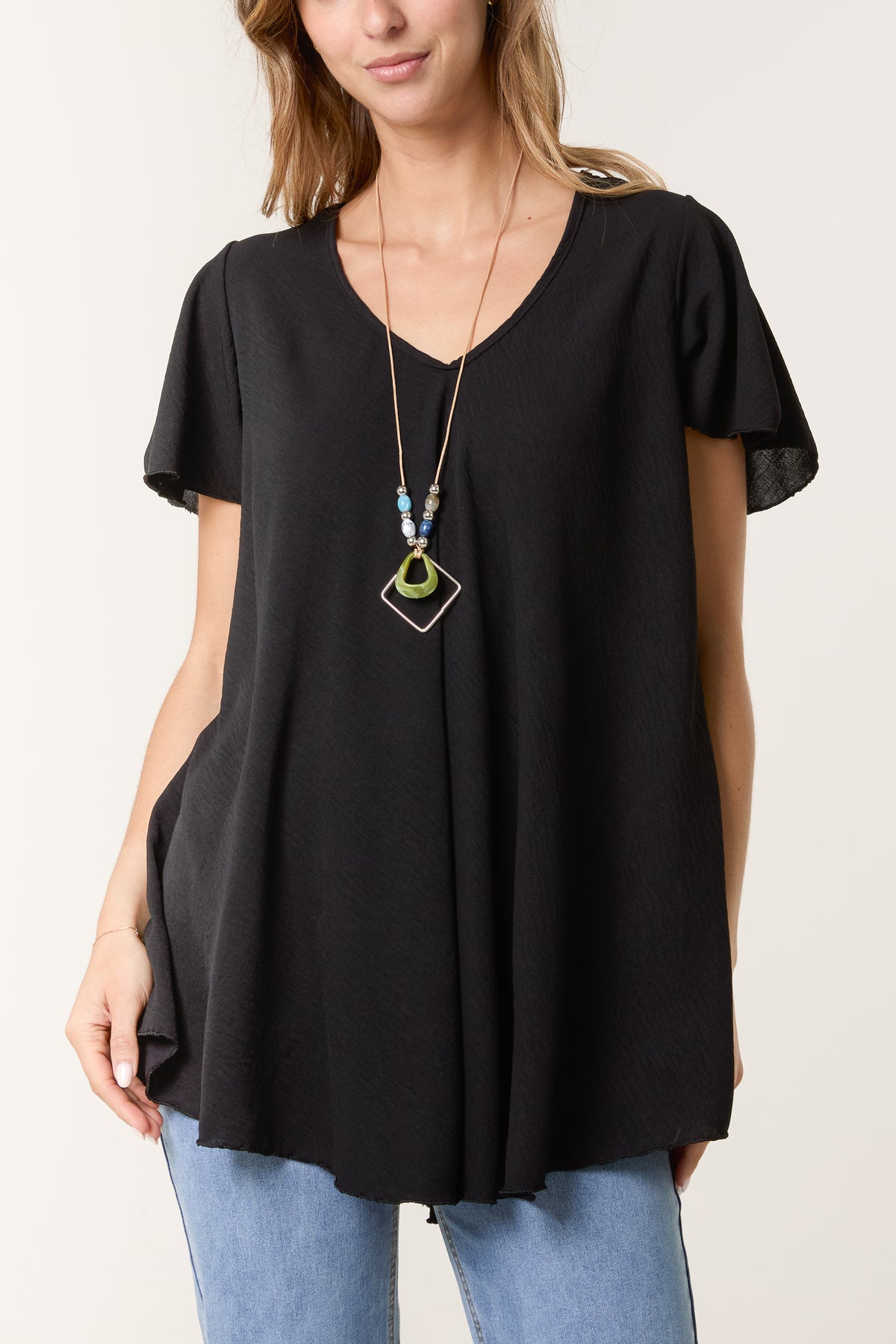 Necklace V-Neck Angel Sleeve Top