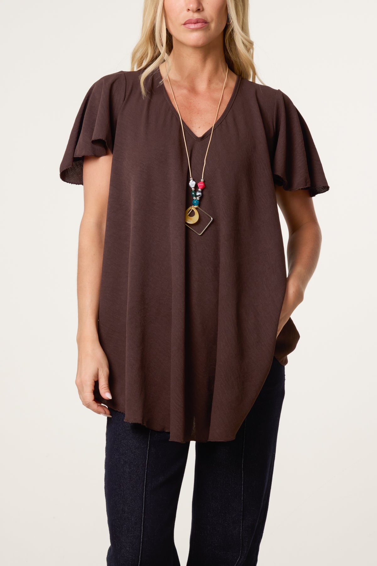 Necklace V-Neck Angel Sleeve Top