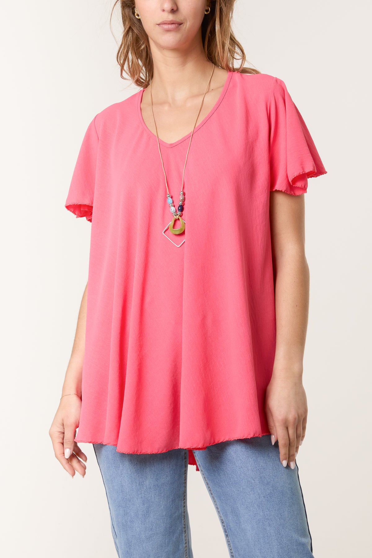 Necklace V-Neck Angel Sleeve Top