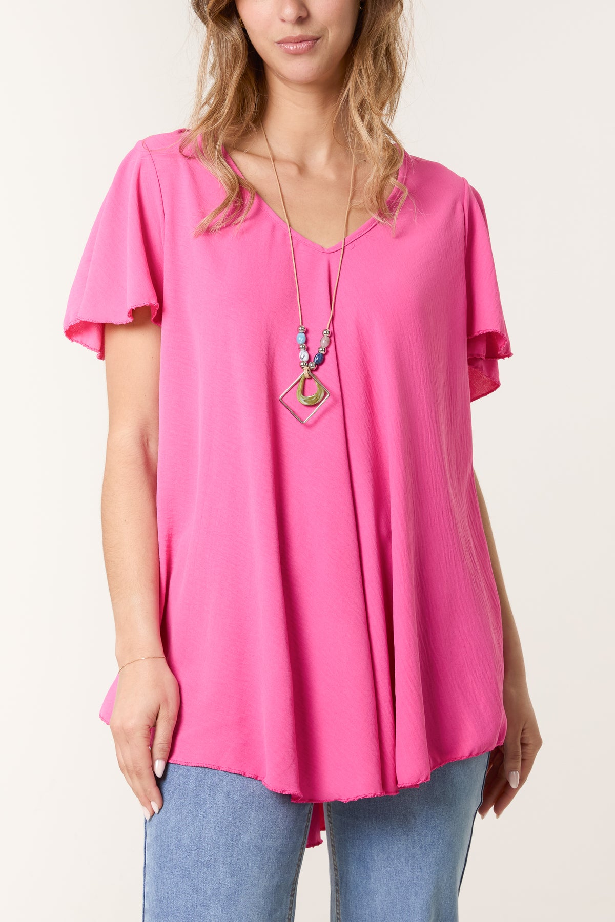 Necklace V-Neck Angel Sleeve Top