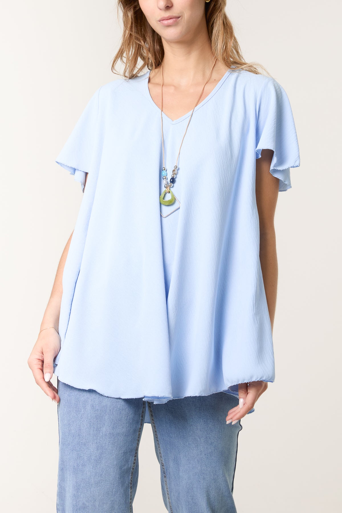 Necklace V-Neck Angel Sleeve Top