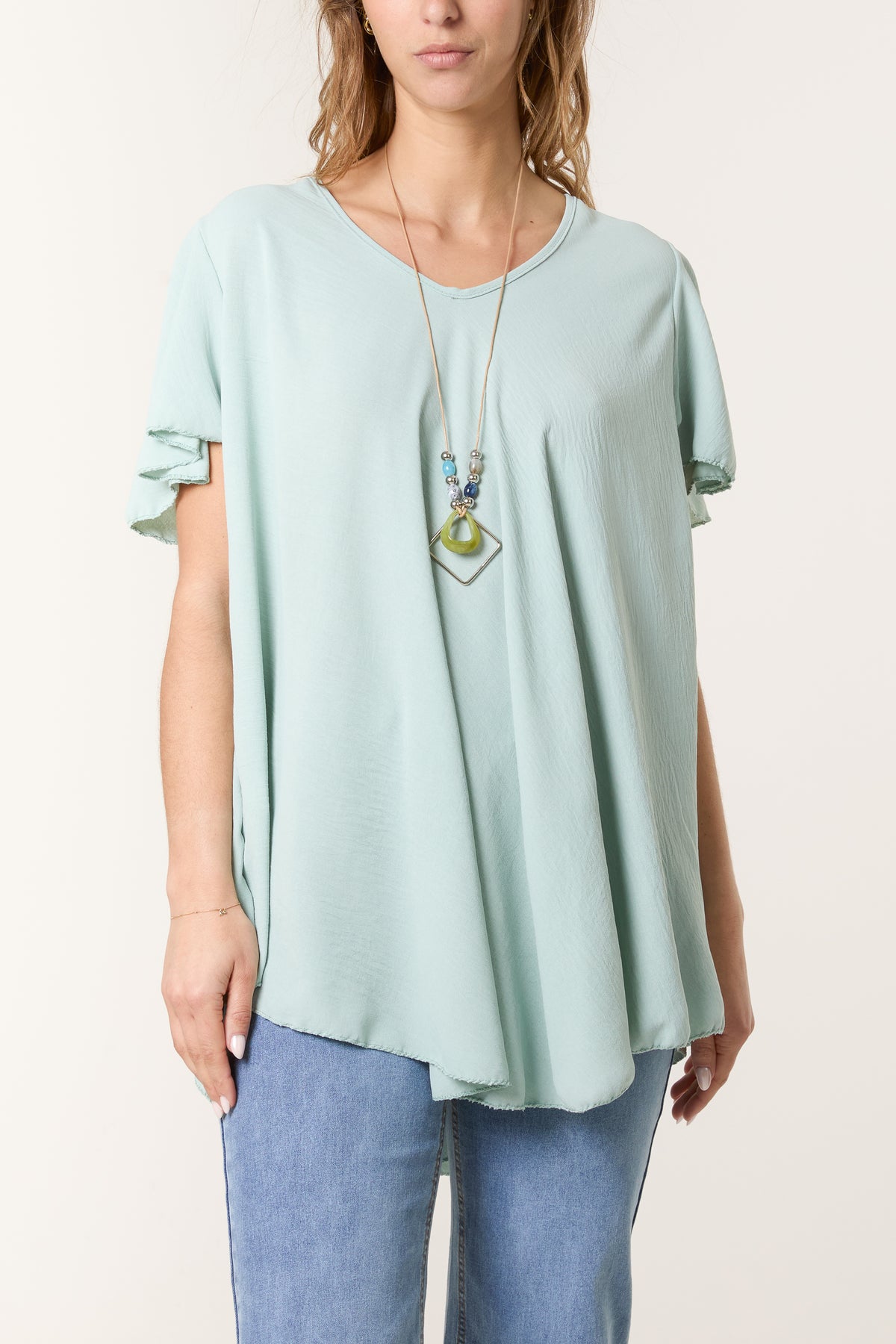 Necklace V-Neck Angel Sleeve Top