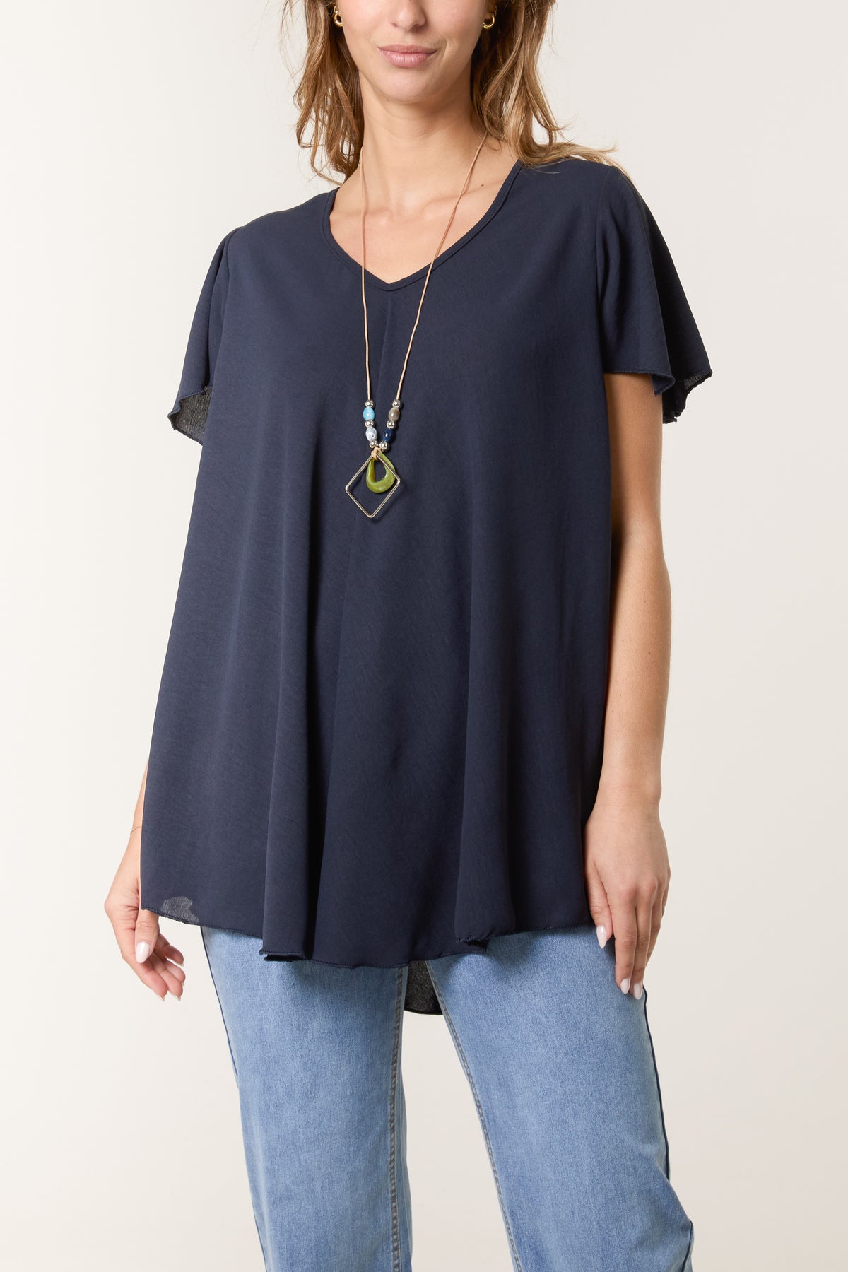 Necklace V-Neck Angel Sleeve Top