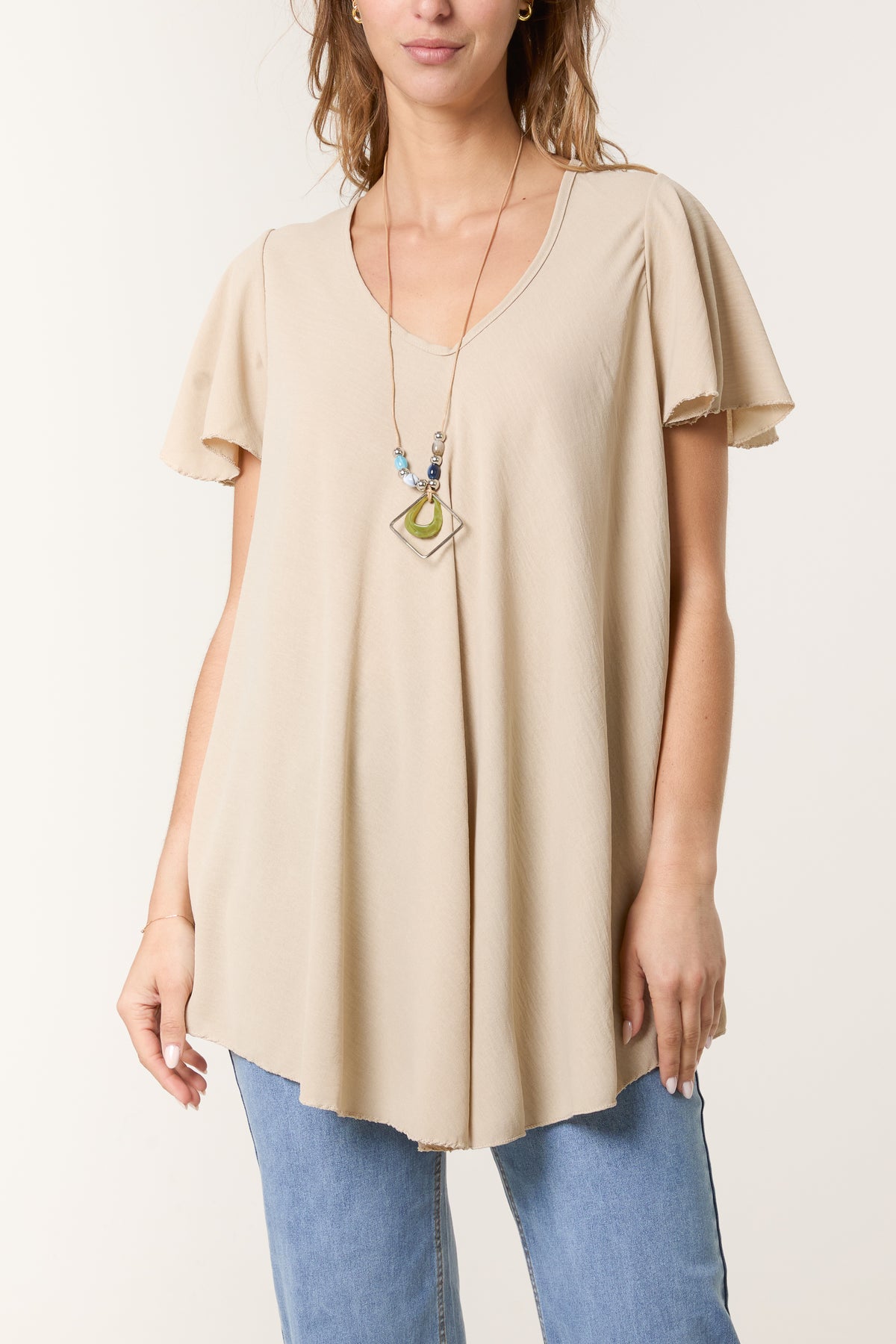 Necklace V-Neck Angel Sleeve Top