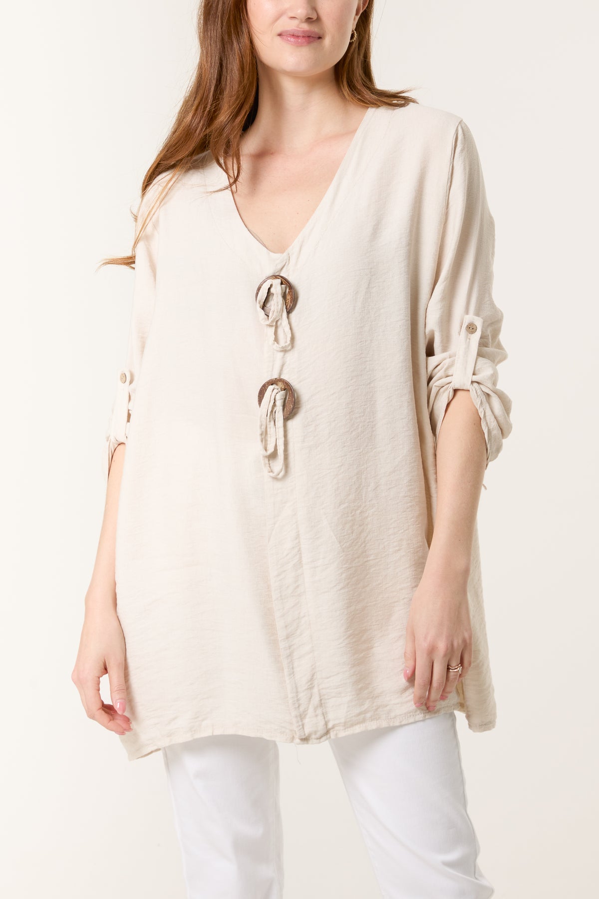 Tied Button Cotton Blend Blouse